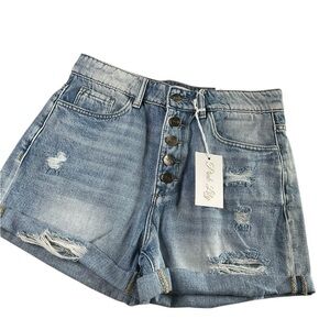 Pink Lily Blue Distressed Jean Shorts High-Waisted